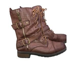 BAMBOO WINTER BOOTS MID CALF WOMENS BROWN BATTLE-18 LACE UP ZIP UP BOOTS SIZE 7
